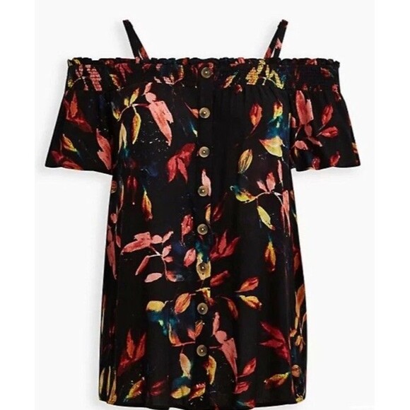 TORRID SMOCKED COLD-SHOULDER BLOUSE GAUZE LEAF BLACK PLUS SIZE 5x 28 - Picture 1 of 4